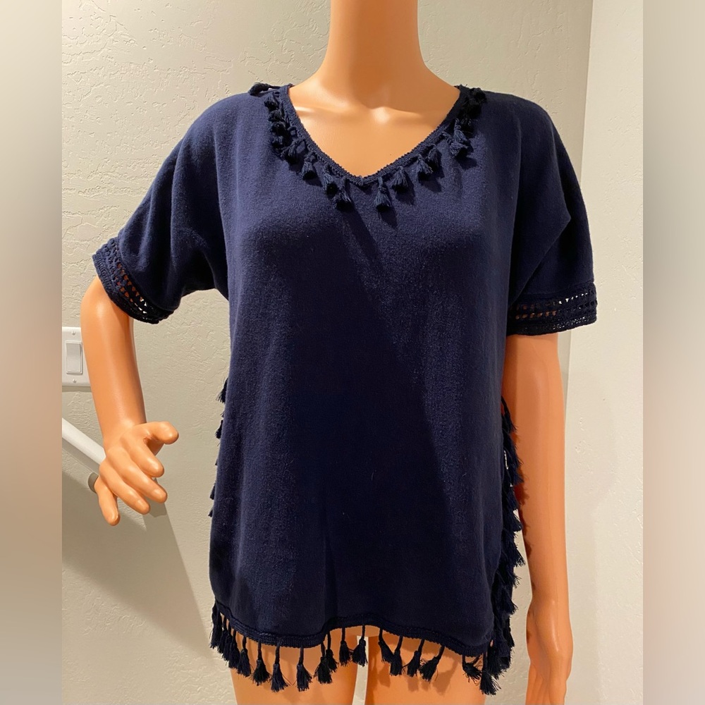 Chico's Top Blue Tassels Short Sleeve Blouse Med or Large